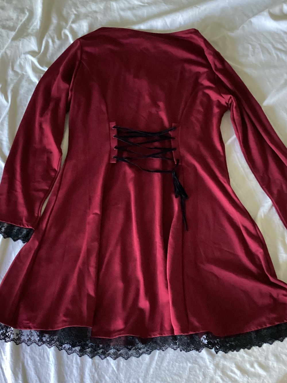 Hot Topic Burgundy Long Sleeve Dress with Black Lace Trim - Picture 2 of 4